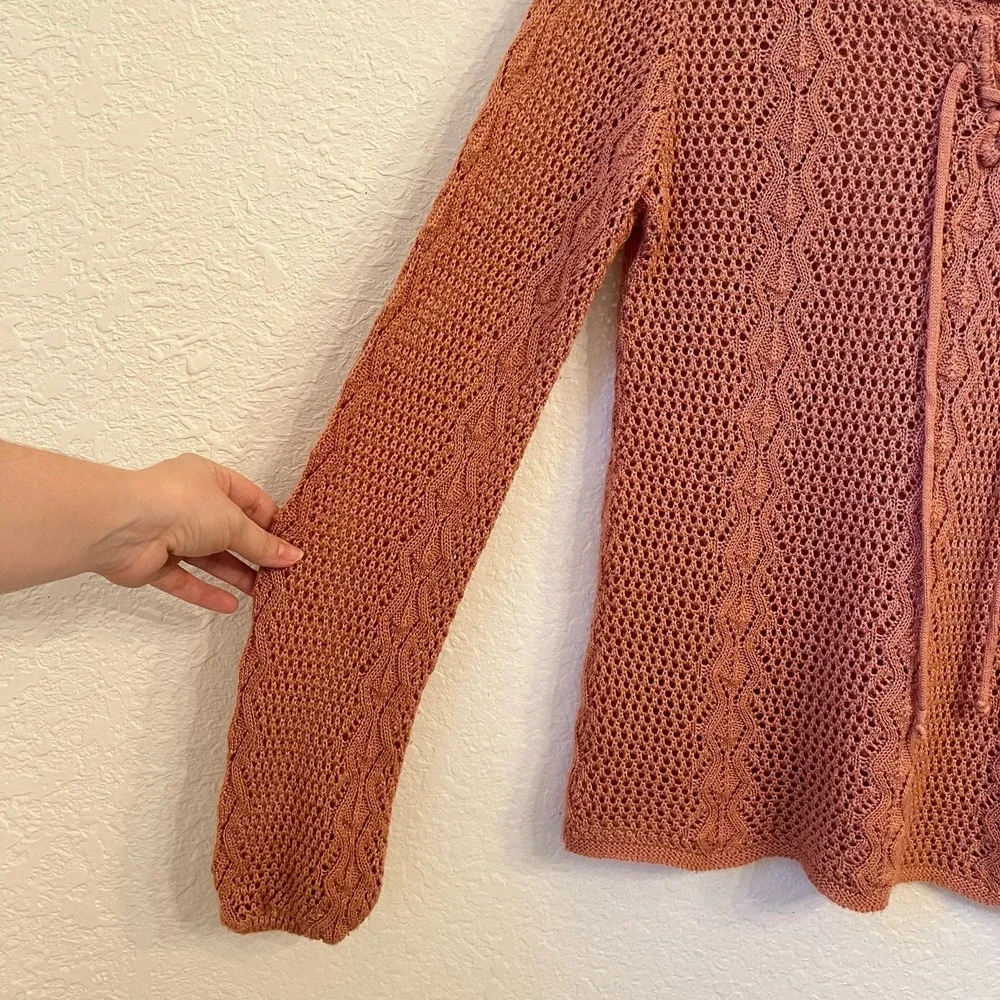 Vintage Boho Western Open Knit Sweater Womens S Lace‎ Up Hippie Cottage Peasant